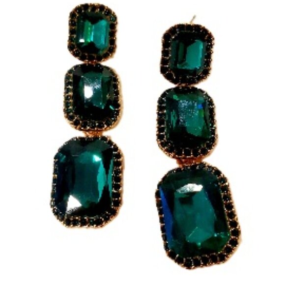 Gorgeous Emerald Green Dangling Earrings Faceted Cut Glass Bezelled Mini Stones - Picture 2 of 6